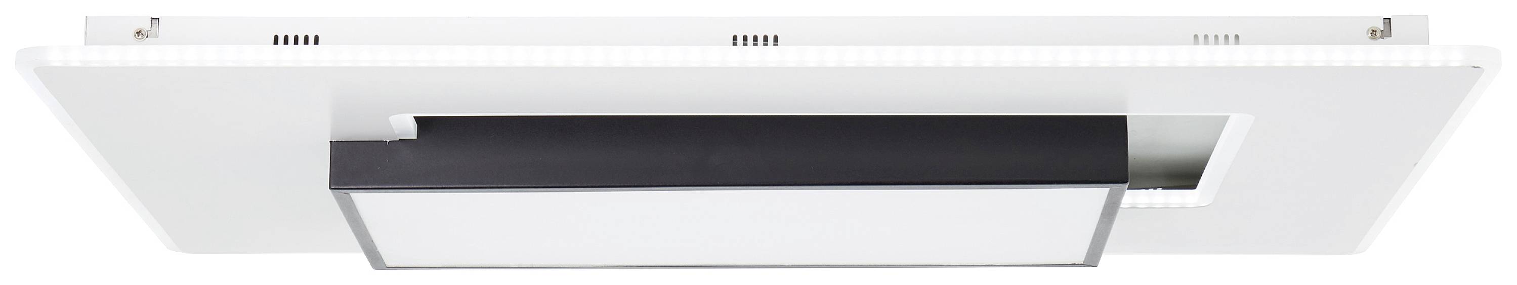 Nowoczesna prostokątna lampa sufitowa z białą ramą i czarnym akcentem, odpowiednia do wnętrz.