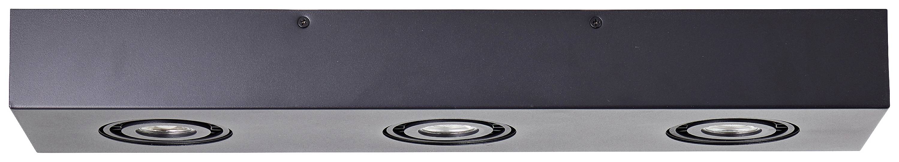 Czarna lampa sufitowa z trzema okrągłymi, wbudowanymi reflektorami LED. Idealna do oświetlenia wnętrz.