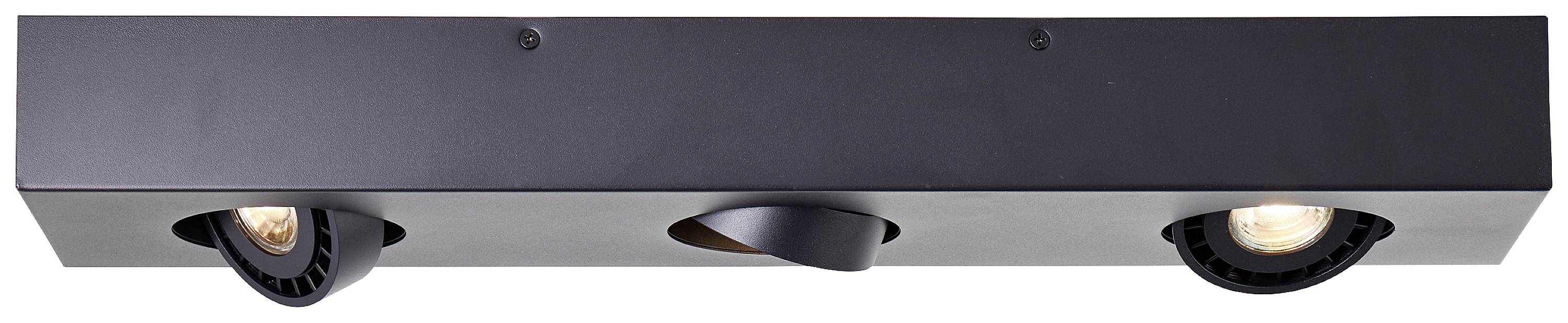 Czarna lampa sufitowa z trzema regulowanymi reflektorami, które można skierować w różnych kierunkach. Idealna do precyzyjnego oświetlenia.