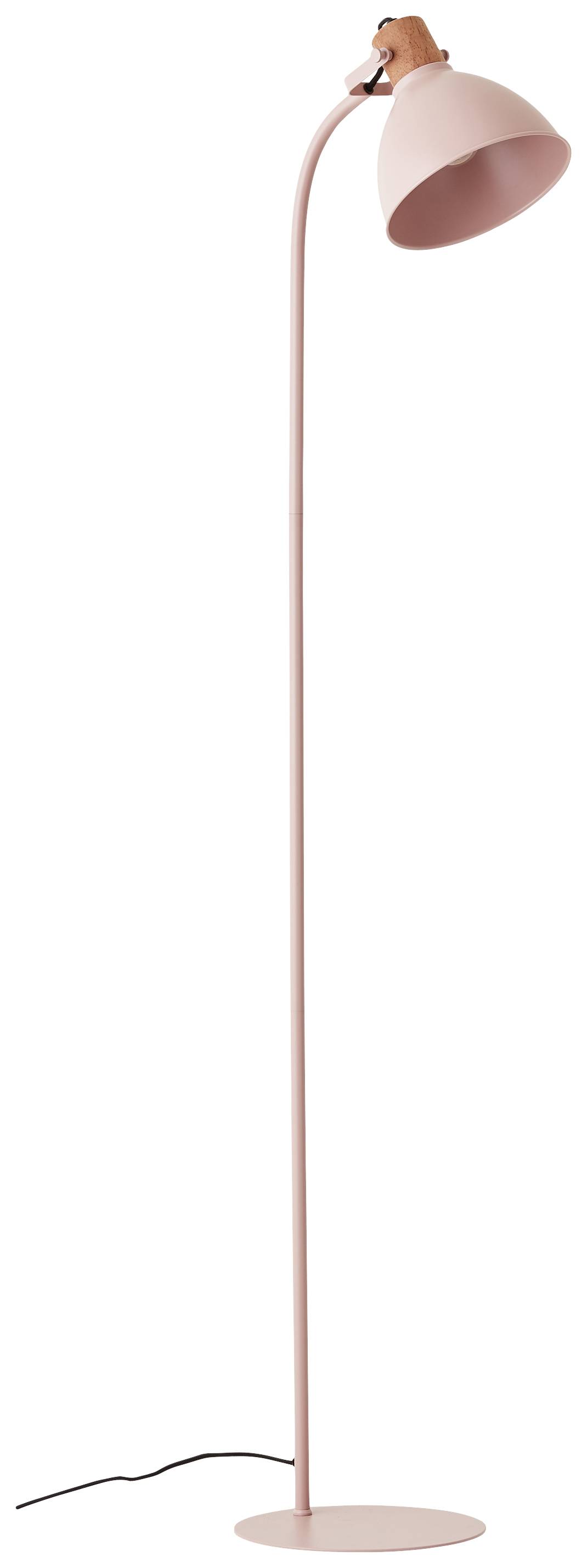 Różowa metalowa lampa stojąca z giętą szyją i okrągłą podstawą.