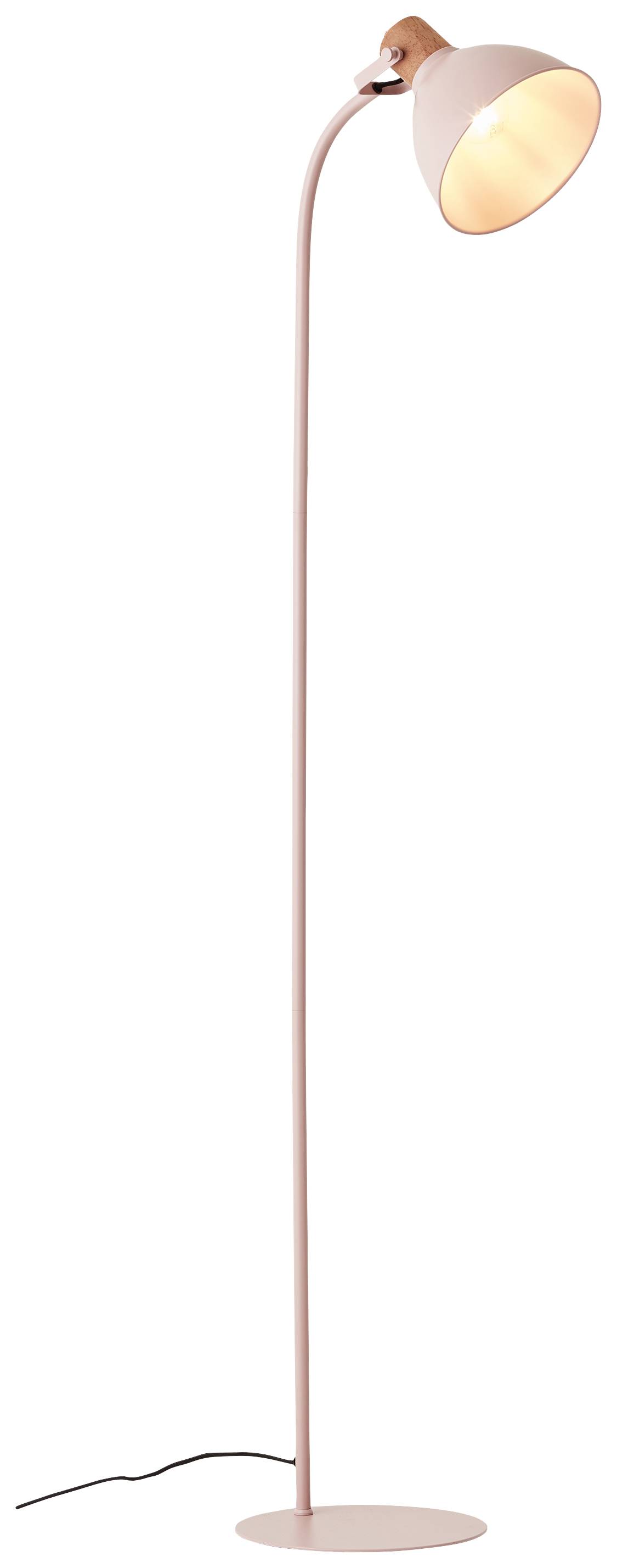 Różowa lampa stojąca z zakrzywionym ramieniem i okrągłą podstawą, świecąca w dół.