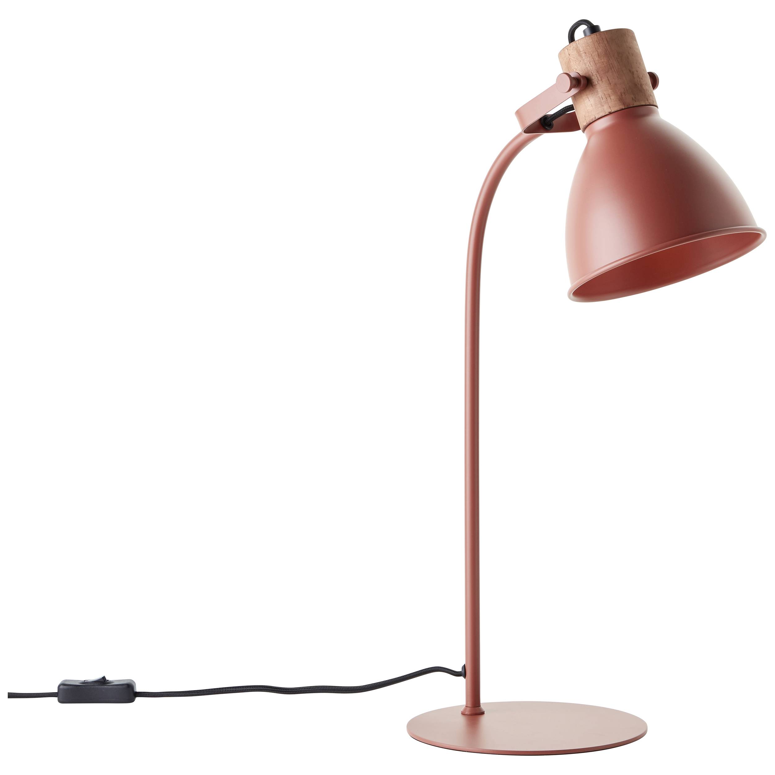 Czerwona lampa stołowa z giętą szyją i okrągłą podstawą; włączona i podłączona do sieci z włącznikiem na przewodzie.