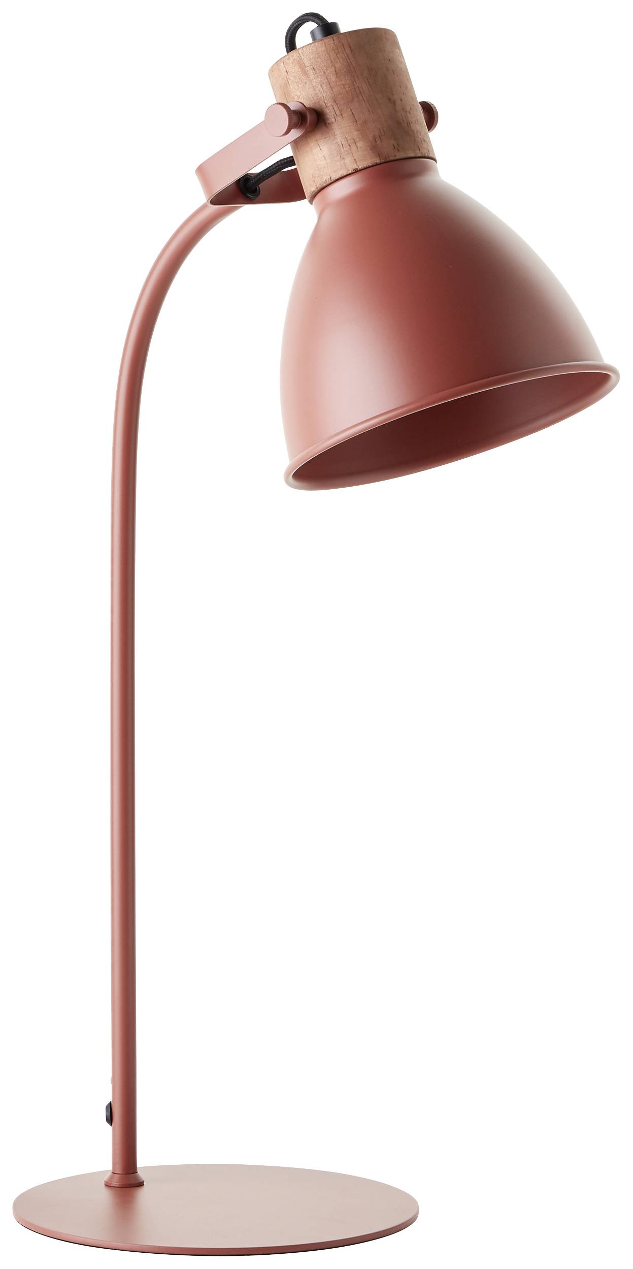 Czerwona lampa biurkowa z giętym ramieniem. Nowoczesny, minimalistyczny design na okrągłej podstawie.