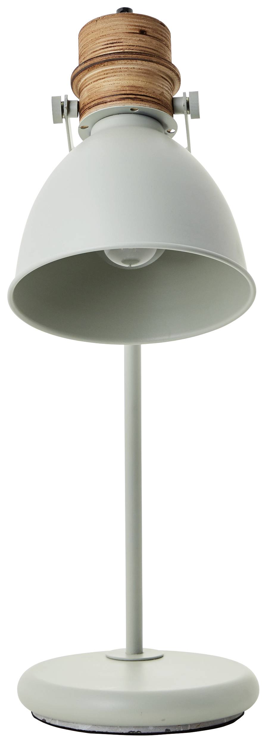 Lampa stojąca z białym abażurem i drewnianymi elementami u góry, stojąca na okrągłej podstawie.