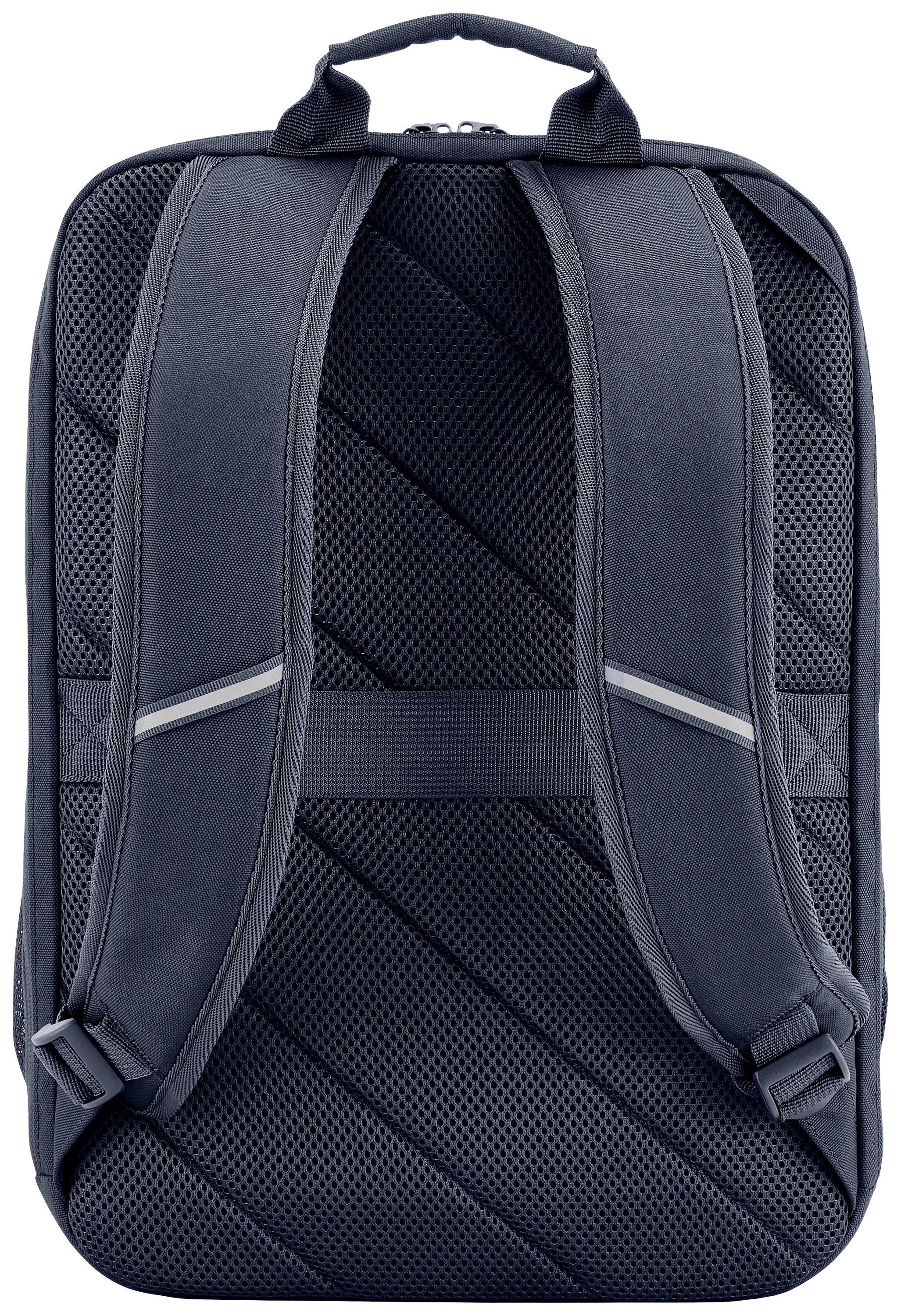 Ciemny plecak widziany od tyłu, z wyściełanymi, regulowanymi paskami oraz uchwytem do przenoszenia u góry.