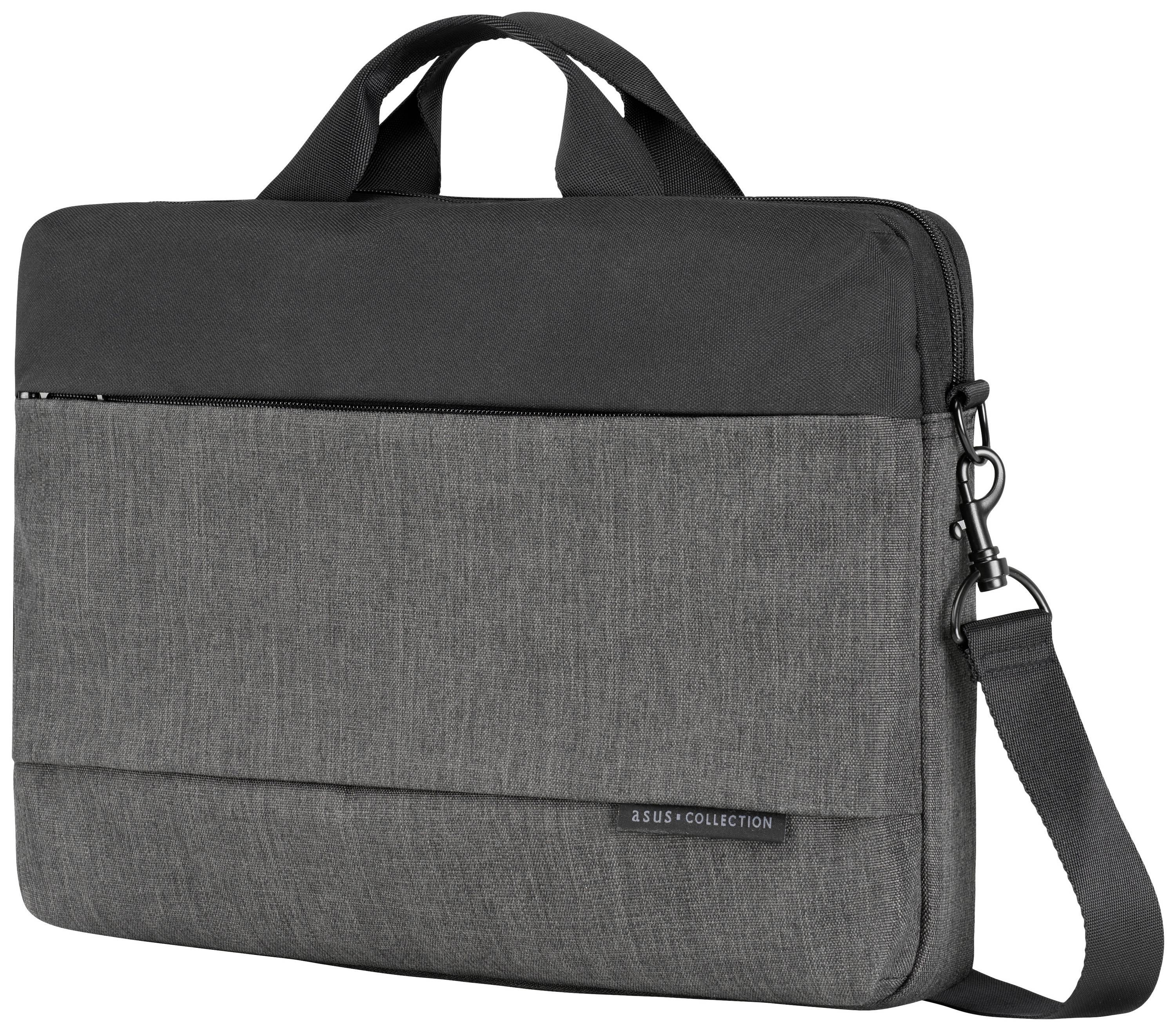 Szara i czarna torba na laptopa z uchwytem i paskiem na ramię, odpowiednia dla laptopów do 15 cali.