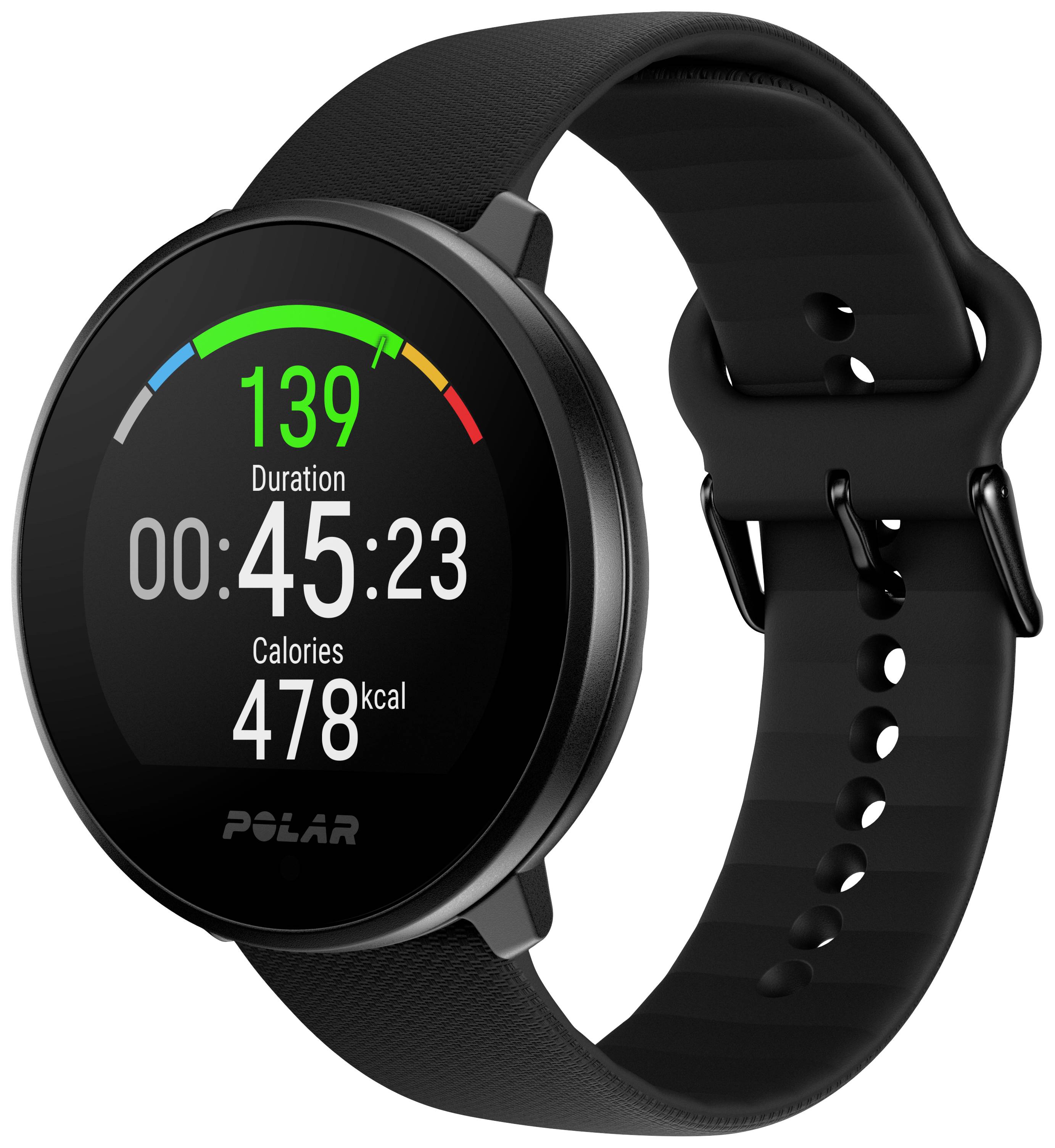 Smartwatch wyświetla częstotliwość pracy serca wynoszącą 139 uderzeń na minutę, czas trwania 45:23 minuty oraz spalanie kalorii na poziomie 478 kcal.