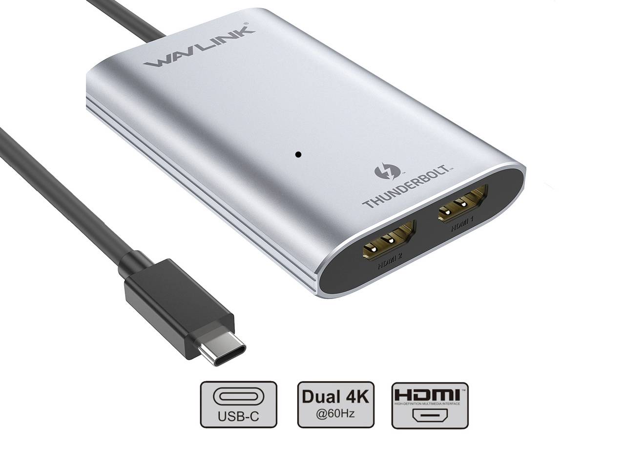 Srebrny adapter Wavlink z gniazdem USB-C, obsługujący podwójne wyjścia HDMI w rozdzielczości 4K @ 60Hz. Napis 'THUNDERBOLT'.