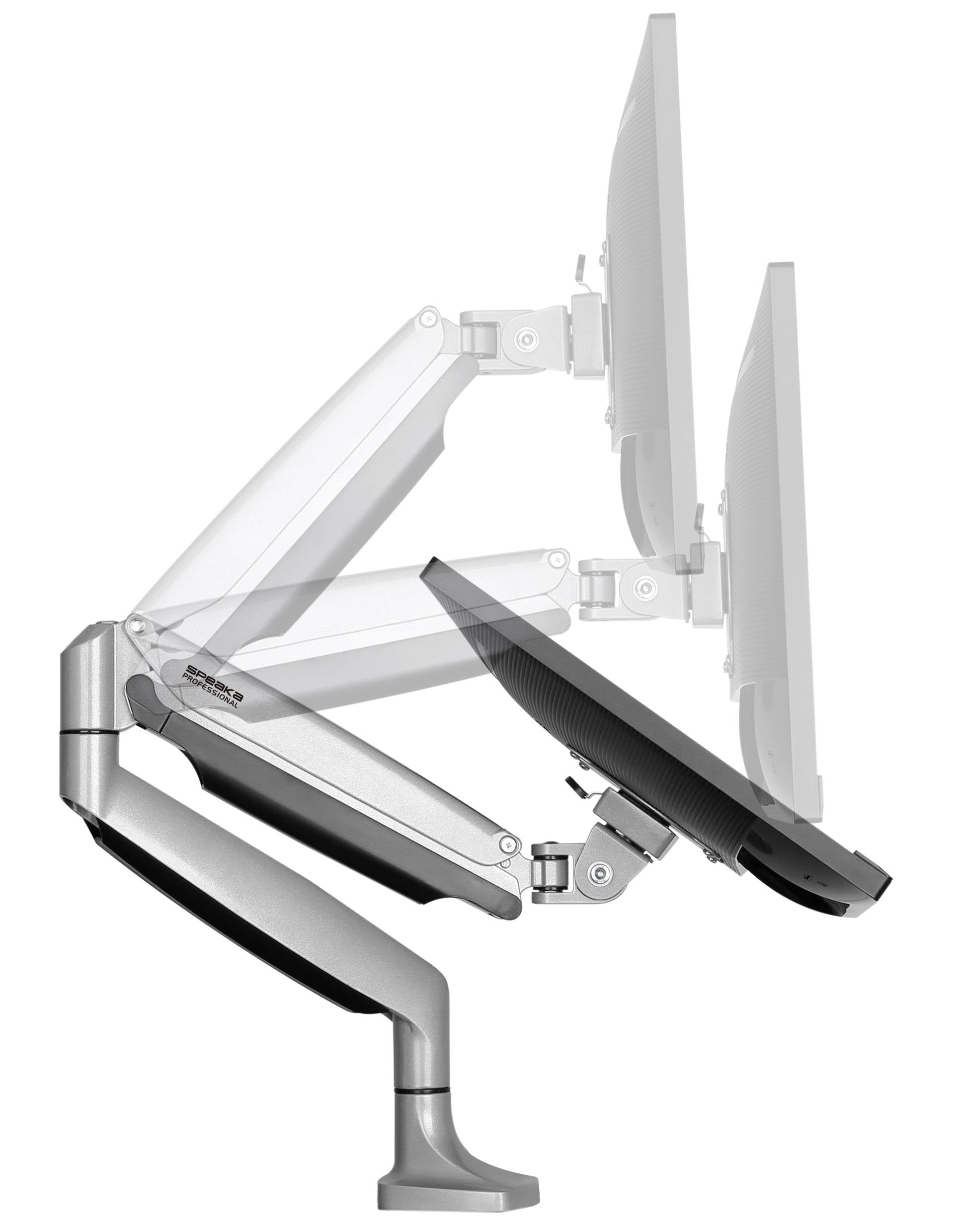 Ergonomiczny uchwyt monitora umożliwia ustawienie monitora w kilku różnych pozycjach, pozwalając na regulację jego wysokości i kąta nachylenia.