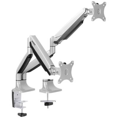 Dwa regulowane w pionie metalowe ramiona na monitory z mocowaniem zaciskowym do montażu na biurku. Odpowiednie do ergonomicznej pracy.