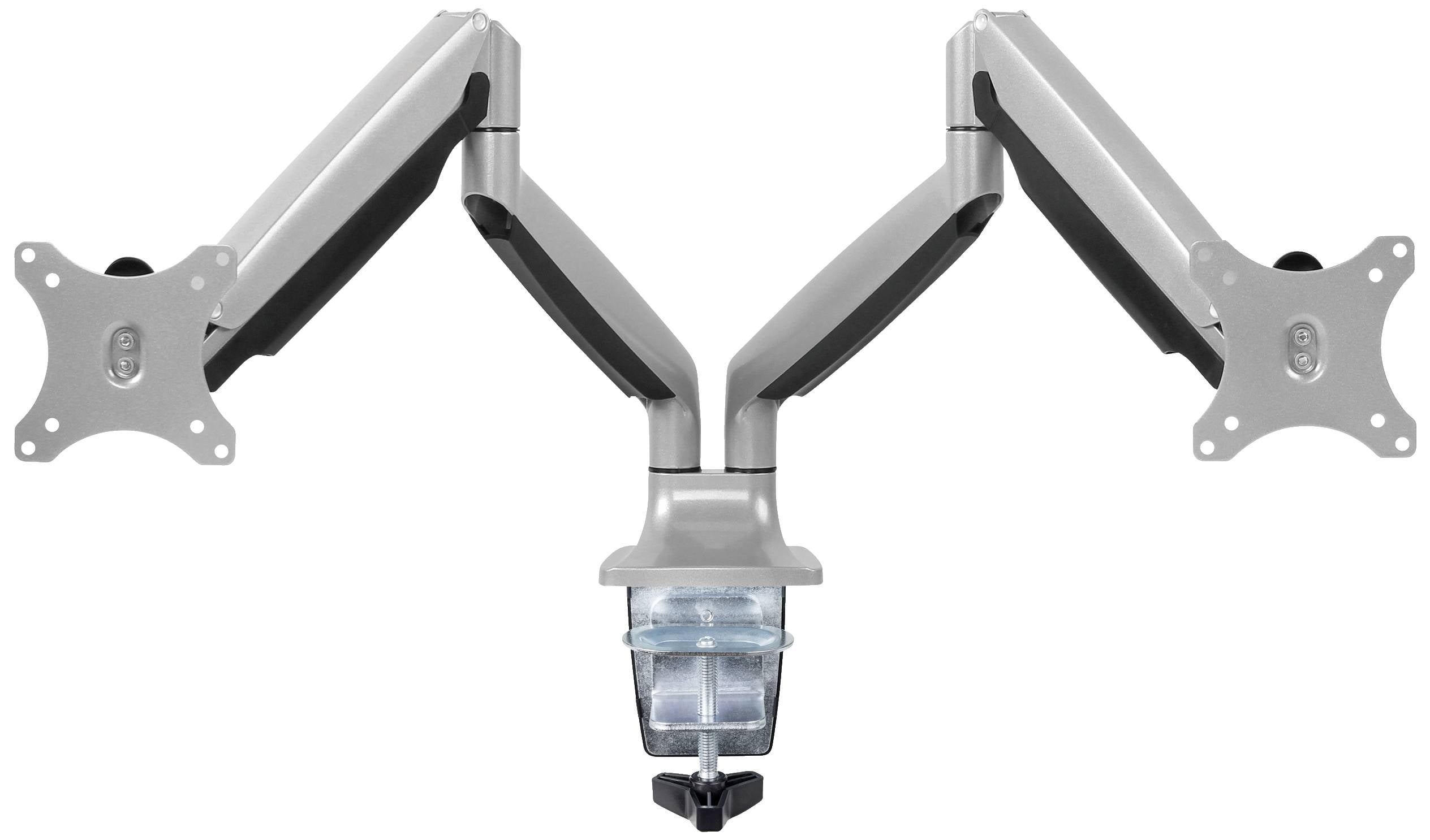 Podwójne ramię do monitora w kolorze szarym z centralnym zaciskiem mocującym, umożliwiające zamontowanie dwóch ekranów obok siebie.