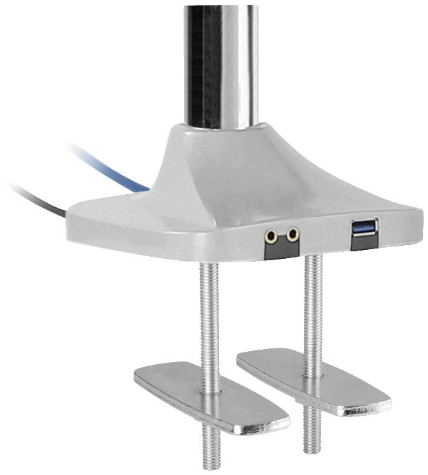 Srebrne ramię mikrofonowe z regulowanym zaciskiem do montażu na stole, wyposażone w zintegrowane gniazda USB i audio, przeznaczone do mocowania na płaskich powierzchniach.