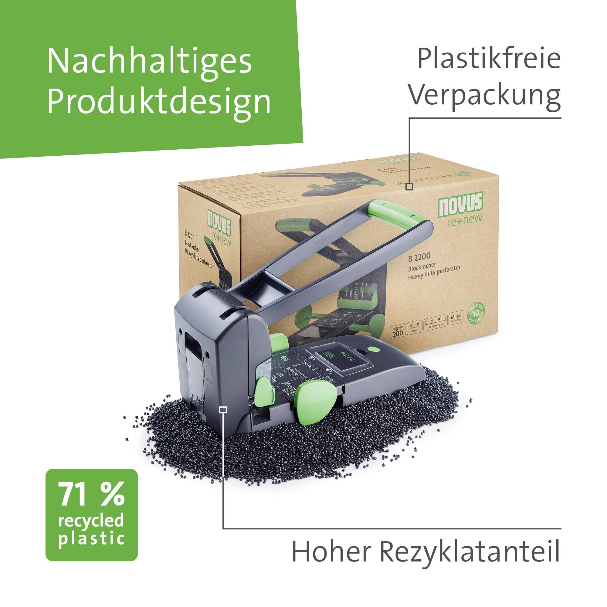 Zrównoważony zszywacz z opakowaniem wolnym od plastiku, wysokim udziałem recyklatu i 71% przetworzonego plastiku na czarnym granulcie.