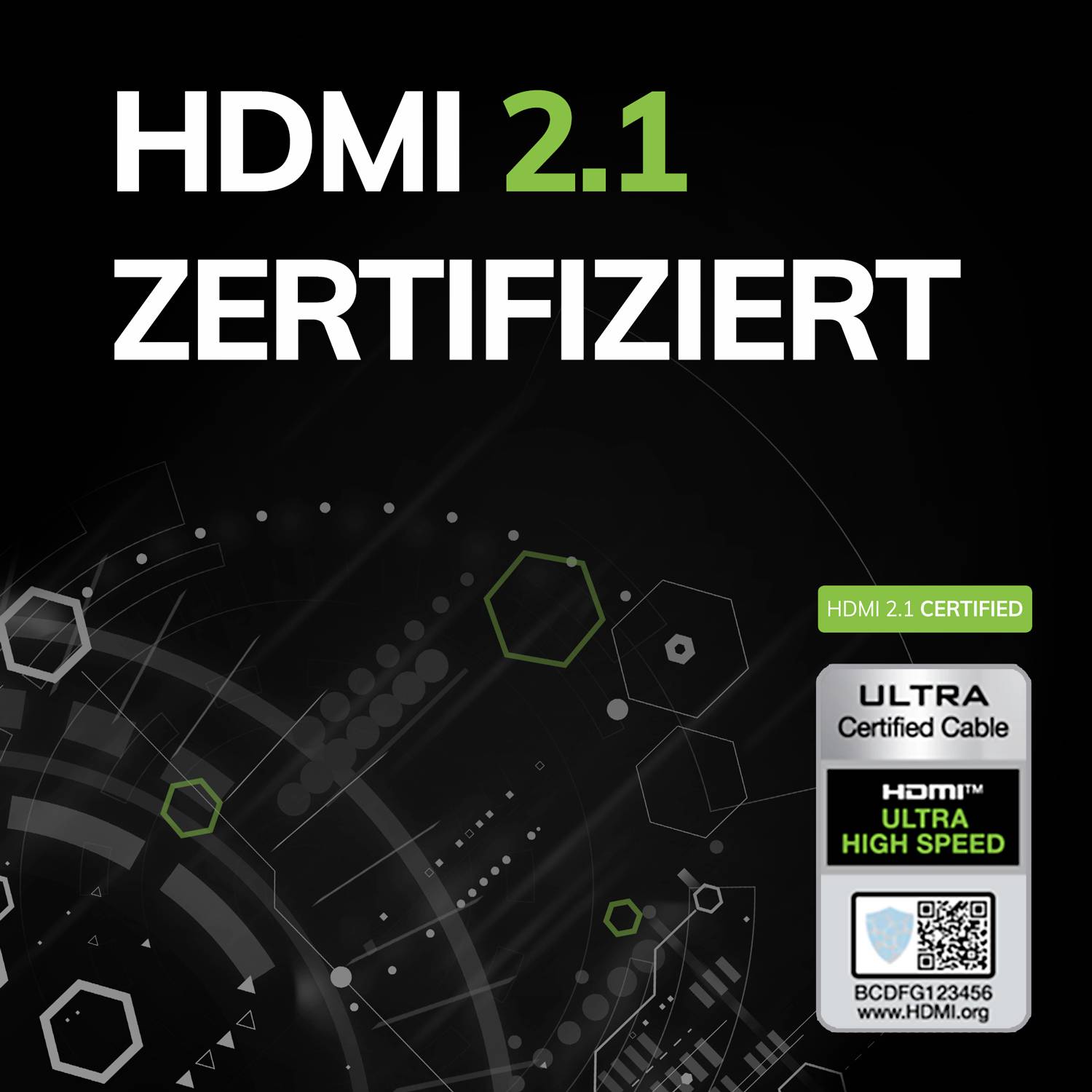 "HDMI 2.1 CERTYFIKOWANE" na technicznym tle z logo "HDMI 2.1 CERTYFIKOWANE" oraz "ULTRA WYSOKA PRĘDKOŚĆ"