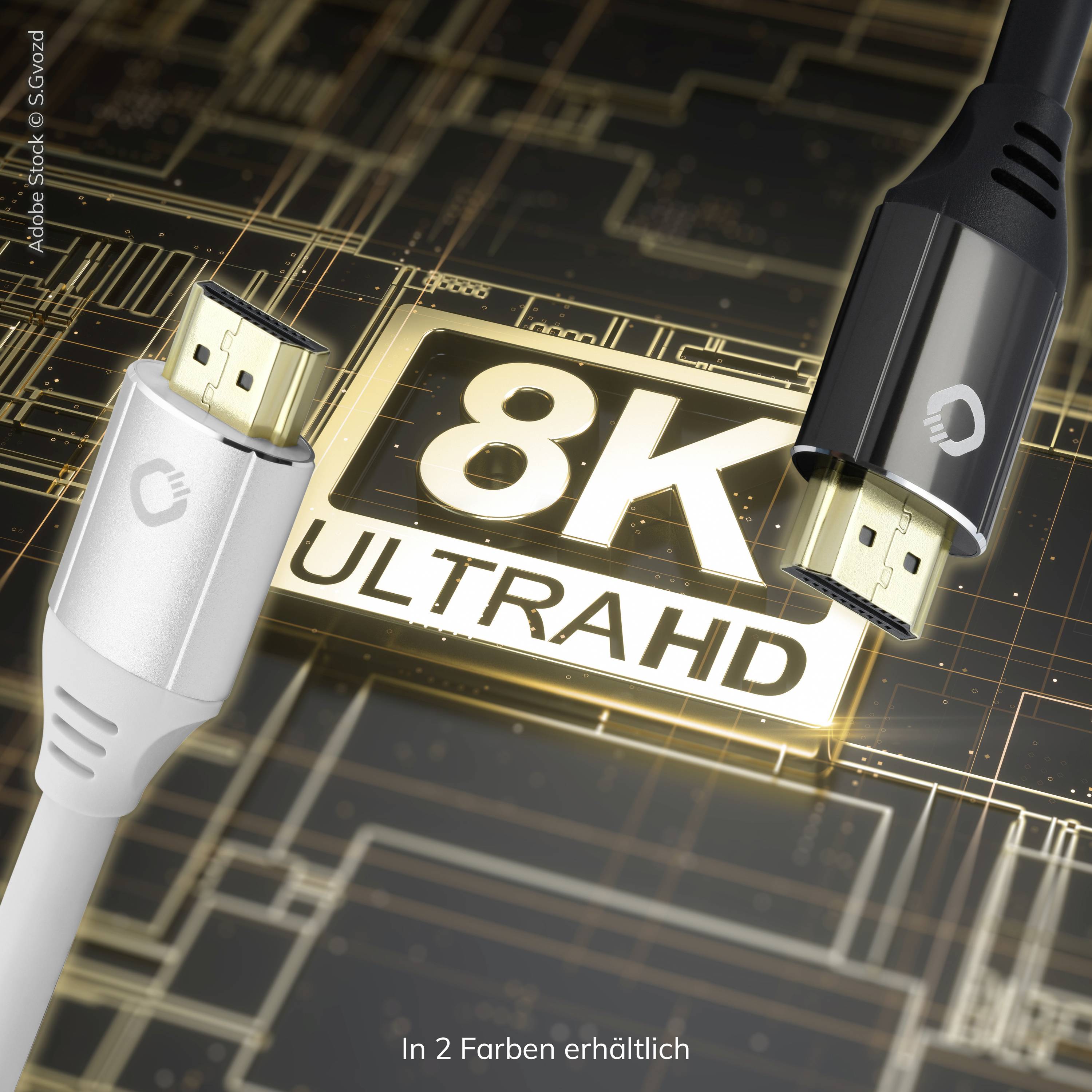 Dwa kable HDMI przed świecącym napisem '8K ULTRA HD'. Tekst poniżej: 'Dostępne w 2 kolorach'.
