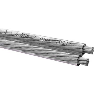 Dwa skręcone ze sobą stalowe linki z wybitym napisem '2 x 6,00 mm² Typ 10224'. Są srebrzyste i wykazują strukturę spiralną.
