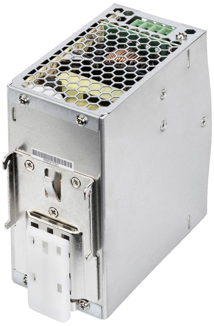 Metalowy moduł zasilacza z kratką wentylacyjną i złączem. Odpowiedni do zasilania urządzeń elektronicznych.