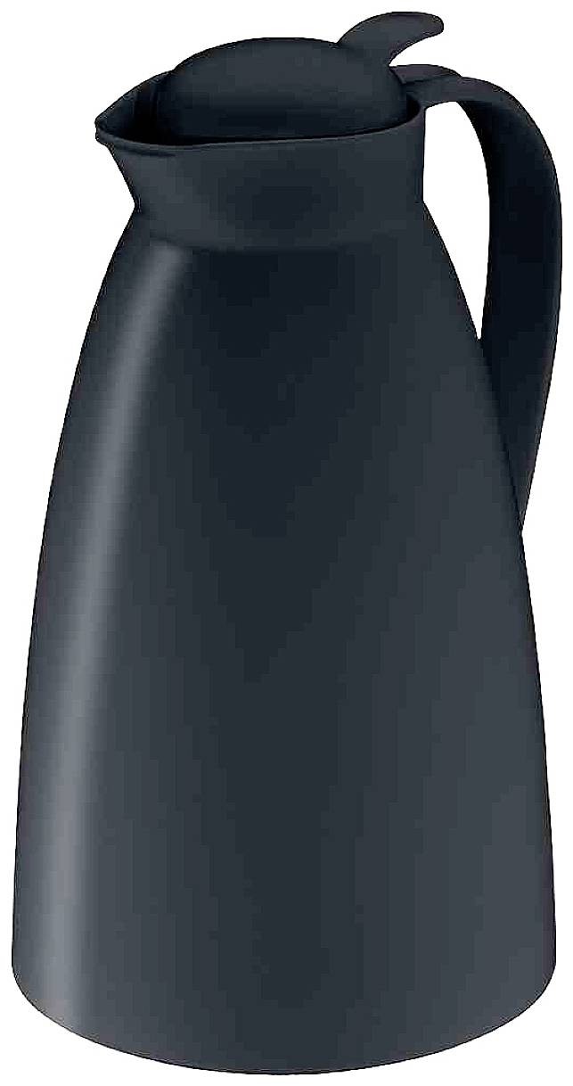 Czarny termiczny dzbanek z pokrywką i uchwytem po prawej stronie, stojący pionowo. Idealny do napojów ciepłych i zimnych.