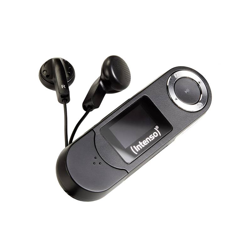 Mały, czarny odtwarzacz MP3 marki Intenso z wyświetlaczem LCD i okrągłymi przyciskami sterującymi, obok niego słuchawki.