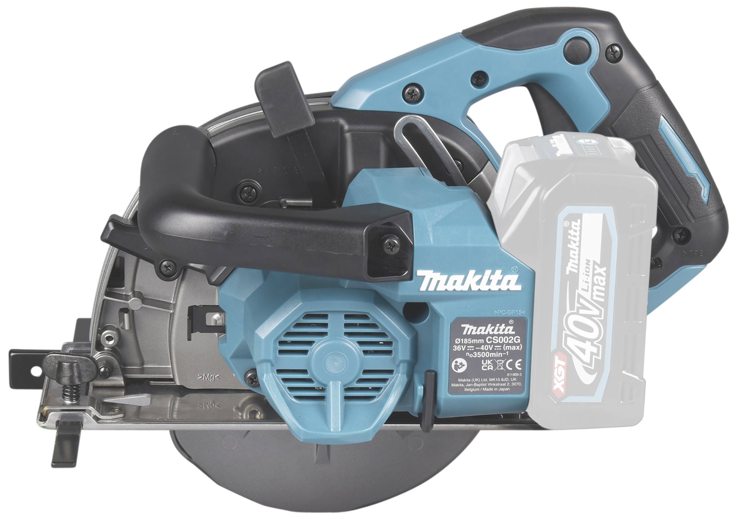 Elektryczna ręczna pilarka tarczowa w kolorze niebieskim z czarnym uchwytem. Jest bezprzewodowa i działa na wyjmowalnej, szarej baterii.