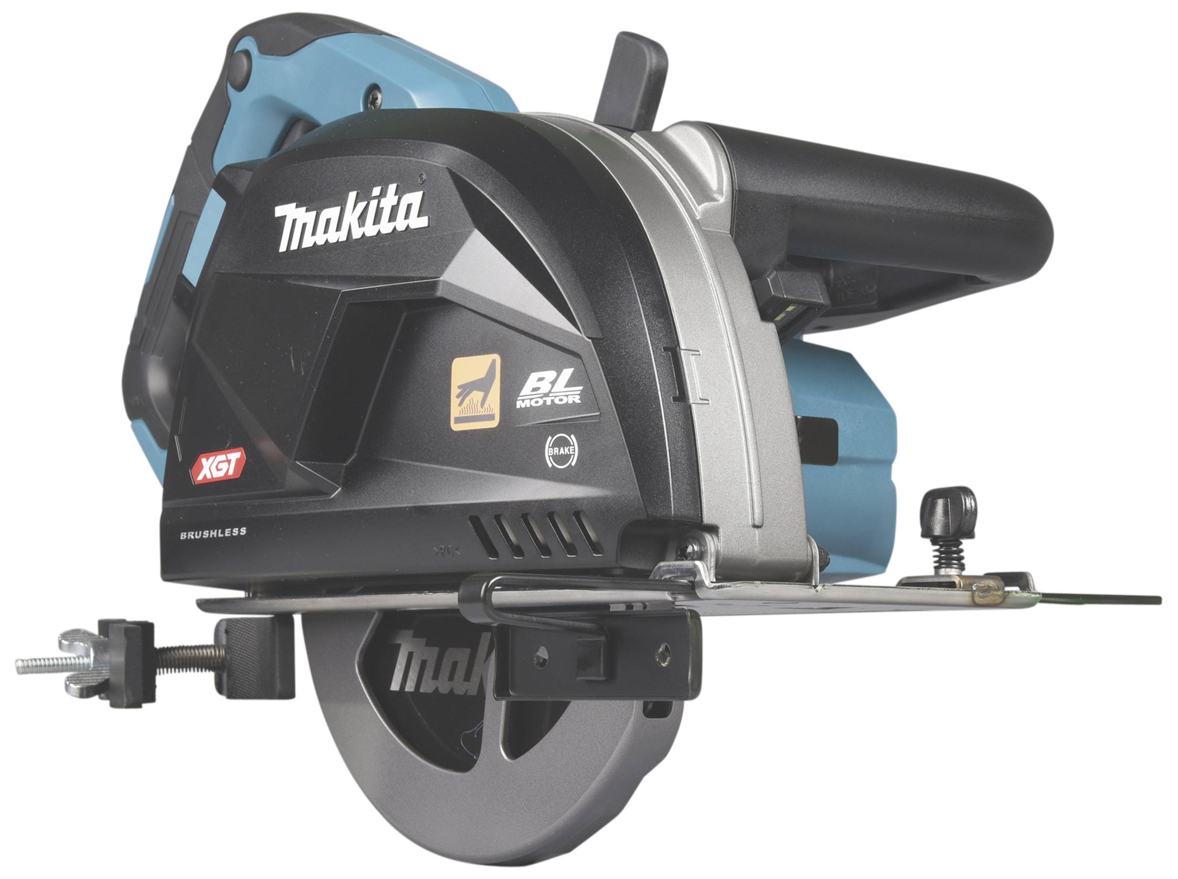 Akumulatorowa ręczna pilarka tarczowa z obudową w kolorze niebiesko-czarnym i srebrną tarczą tnącą. Logo producenta widoczne z boku.