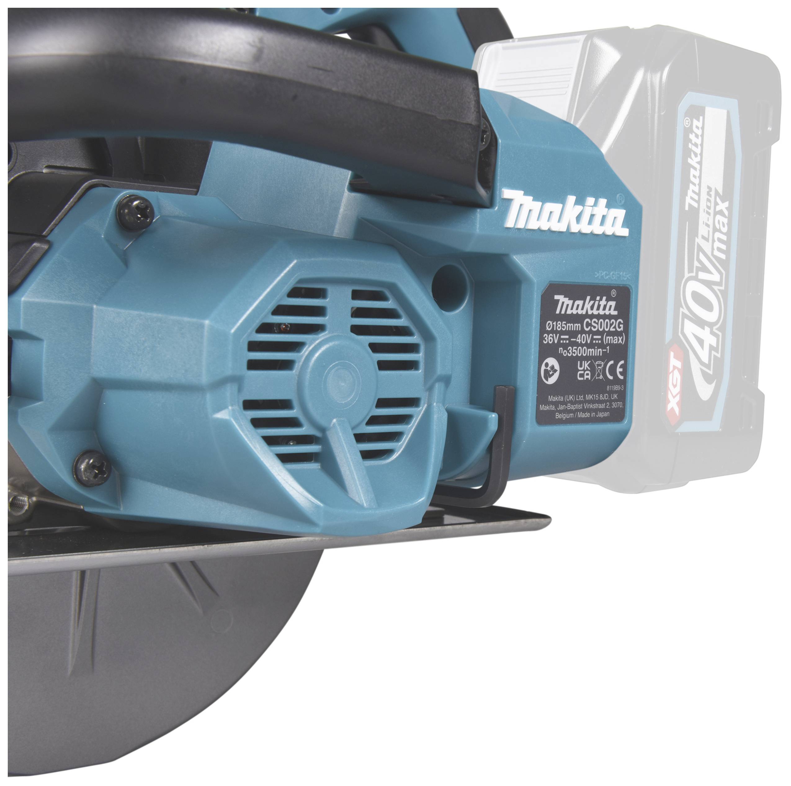 Piła tarczowa akumulatorowa Makita XGT 40V max, w kolorze niebieskim, z czarnym uchwytem, prezentująca obszar silnika i akumulatora.