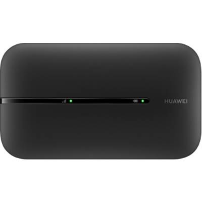 Przenośny czarny router WiFi Huawei z dwoma zielonymi wskaźnikami kontrolnymi na przedniej części obudowy.