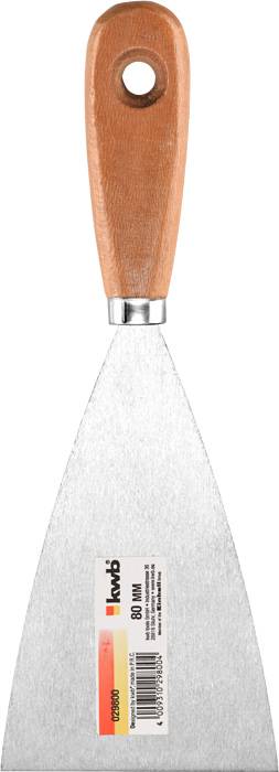 Szpachla metalowa z drewnianą rączką i etykietą wskazującą rozmiar 80 mm. Odpowiednia do prac malarskich i remontowych.