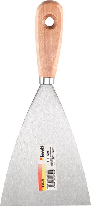 Szpachla z drewnianą rękojeścią i metalową szpachlą, sfotografowana od przodu. Na ostrzu znajduje się etykieta z marką i oznaczeniem rozmiaru.