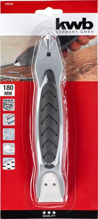 'Skrobak do fug, 180 mm, z ergonomicznym uchwytem, odpowiedni do wymiany płytek i ostrzy, na czerwonym i białym opakowaniu.'