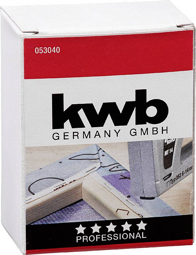 Opakowanie firmy 'kwb Germany GmbH'. Prezentuje produkt wraz z urządzeniem do obróbki drewna. Tekst 'Professional' na dole z symbolami gwiazd.