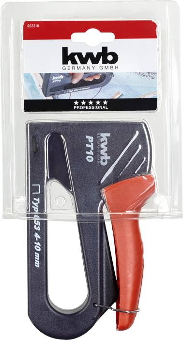 Zszywacz ręczny marki KWB, model PT10. Czarna obudowa z czerwonym uchwytem. Odpowiedni dla zszywek o rozmiarze 6-14 mm.