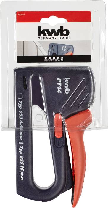 Zapakowany, czarno-czerwony zszywacz ręczny 'kwb' typ 0536-4 z ergonomicznym uchwytem i zszywkami, przeznaczony do użytku profesjonalnego.