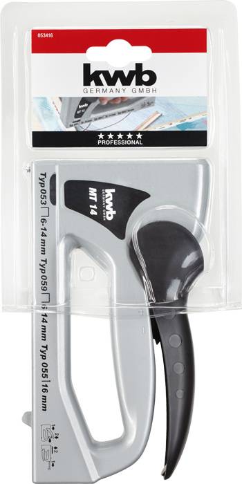 Szara pistolet zszywający firmy kwb z ergonomicznym uchwytem, zapakowany w plastikowe opakowanie.