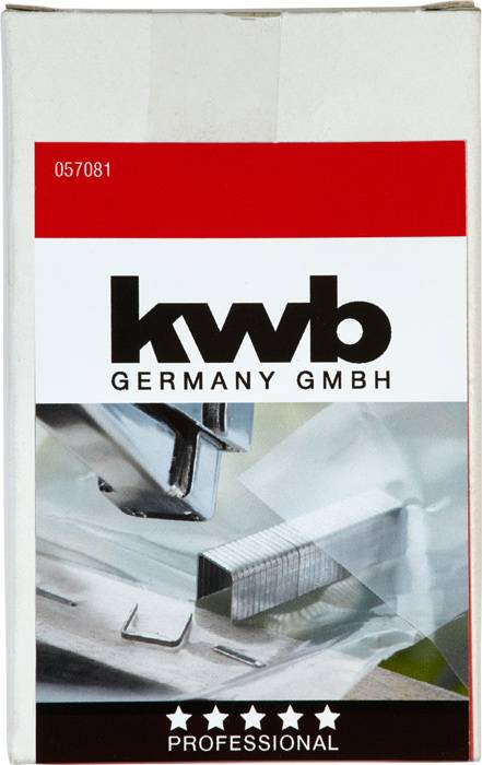 Pudełko zszywek firmy 'Kwb Germany GmbH' z obrazkiem zszywek i zszywacza na przedniej stronie, w kolorach czerwonym i białym.