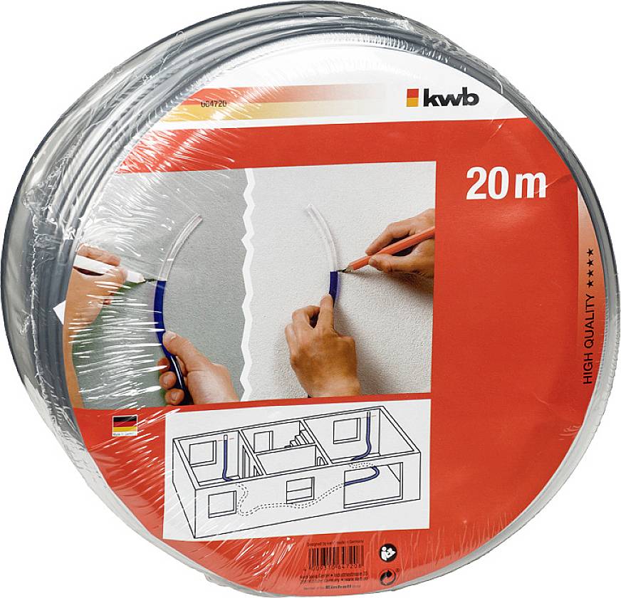 Opakowanie do taśmy obrzeżnej i narożnej o długości 20 m, prezentujące zastosowania na ścianach oraz schemat zagospodarowania przestrzeni.