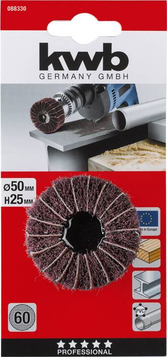 'Kwb Germany GmbH' Opakowanie szczotki garnkowej, średnica 50 mm, głębokość 25 mm. Odpowiednia do metalu, drewna, tworzywa sztucznego z symbolami kompatybilności maszynowej.