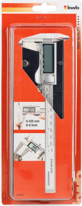 Cyfrowa suwmiarka z podziałką od 0 do 150 mm (0-6 cali) w przezroczystym opakowaniu z tworzywa sztucznego, prezentująca precyzyjne wyniki pomiarów.