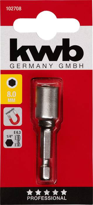 'KWB Germany GmbH' magnetyczna nasadka. Rozmiar 8,0 mm, z chwytem 1/4 cala. Opakowanie w kolorze czerwonym z obrazem produktu i opisem.