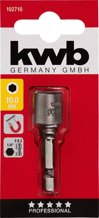 Klucz nasadowy 10 mm. Opakowanie zawierające ilustrację klucza nasadowego do wkrętaka, kompatybilny z końcówkami 1/4 cala.