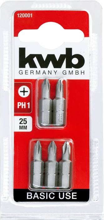 Bity wkrętakowe 'kwb GERMANY GMBH', typ PH1, 25 mm, w czerwono-białym opakowaniu, pięć bitów podzielonych na dwie grupy, odpowiednie do podstawowych zastosowań.
