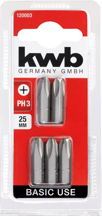 Bity wkrętakowe 'kwb Germany GmbH' w opakowaniu blistrowym. Zawiera 5 bitów PH3, 25 mm, do zastosowań podstawowych.