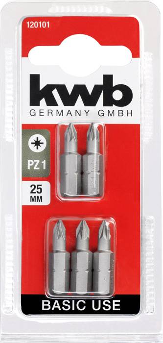Opakowanie czterech bitów PZ1, 25 mm, do podstawowych zastosowań, marka 'kwb Germany GmbH', na czerwonym tle.