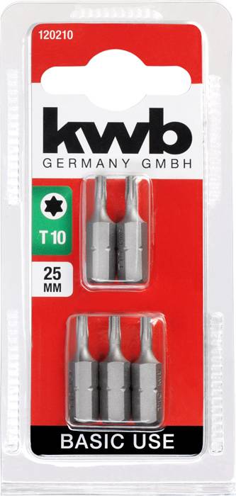 'Opakowanie z czterema bitami Torx T10, o długości 25 mm, do podstawowego użytku. Marka: kwb Germany GmbH. Opakowanie w kolorze czerwonym i przezroczystym.'
