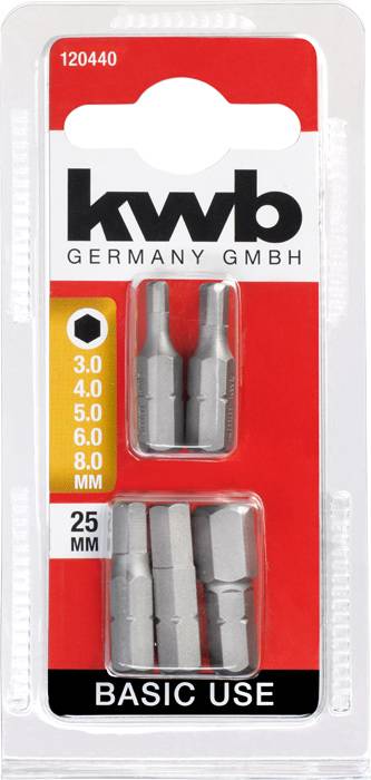 Zestaw bitów "kwb Germany GmbH" do "Basic Use", zawiera sześć bitów o rozmiarach 3,0, 4,0, 5,0, 6,0, 8,0 mm, długość 25 mm, w czerwonym opakowaniu.
