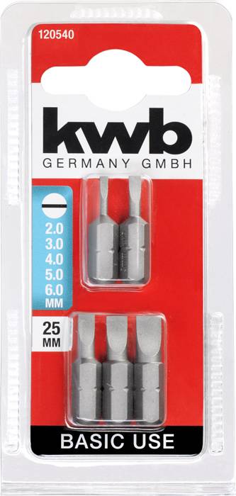 Zestaw narzędziowy zawierający sześcioczęściowy bit od firmy 'kwb Germany GmbH', odpowiedni dla rozmiaru 2,0 do 6,0 mm, długość 25 mm, przeznaczenie: użytek podstawowy.