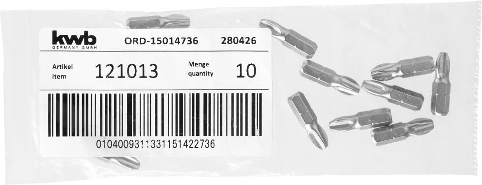 Plastikowa torebka z dziesięcioma metalowymi bitami, etykieta wskazuje 'Artykuł 121013', 'Ilość 10' oraz kod kreskowy. Marka 'kwb Germany GmbH'.