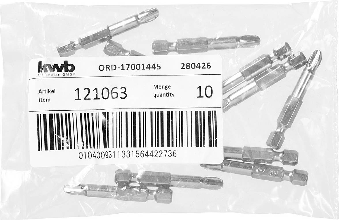 Torba z dziesięcioma końcówkami wkrętakowymi firmy kwb o numerze artykułu 121063, kod kreskowy 0104009311331564422736.