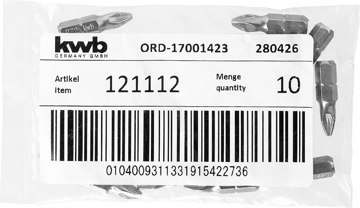Plastikowa torba z bitami, napis: 'Artykuł 121112, Ilość 10', kod kreskowy u dołu, logo KWB w lewym górnym rogu.