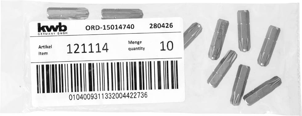Worek z dziesięcioma końcówkami wkrętakowymi. Etykieta przedstawia numer artykułu '121114', ilość '10' oraz kod kreskowy. Marka 'kwb Germany GmbH'.